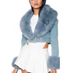 Blue Faux Fur Trim Denim Jacket